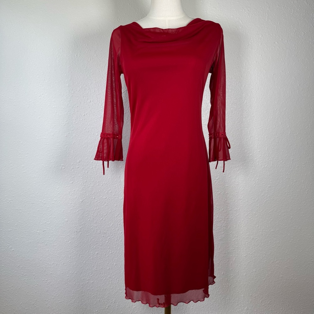 VTG Hottie red mesh overlay cowl neck dress 90s lettuce hem bell sleeve large